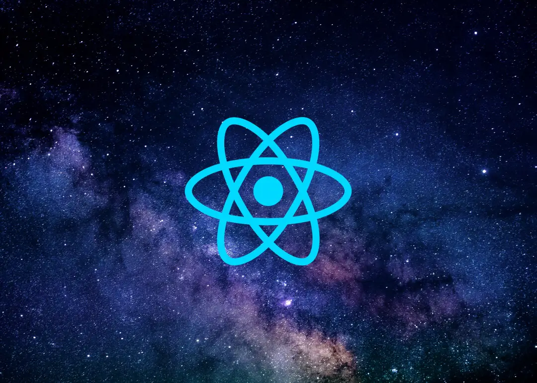 Blue React logo over a starry sky